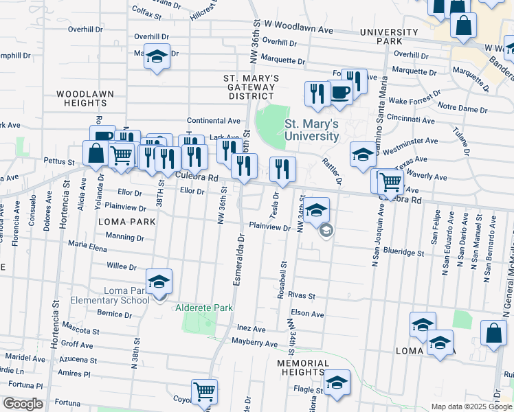 map of restaurants, bars, coffee shops, grocery stores, and more near 207 Vanley Drive in San Antonio