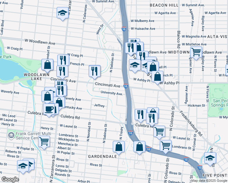 map of restaurants, bars, coffee shops, grocery stores, and more near 455 University in San Antonio
