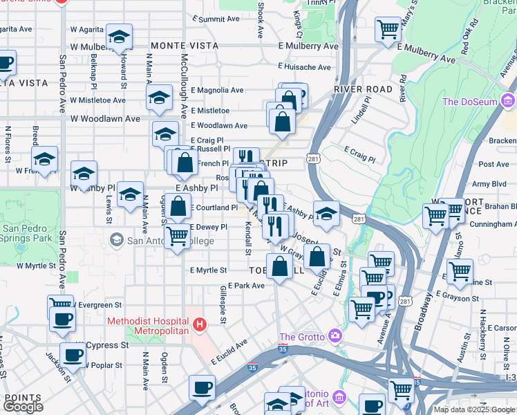 map of restaurants, bars, coffee shops, grocery stores, and more near 2332 North Saint Mary's Street in San Antonio