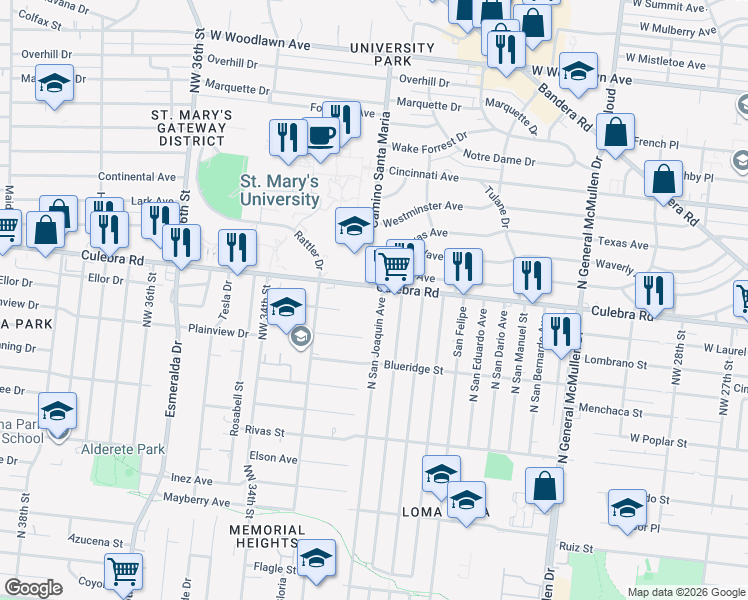 map of restaurants, bars, coffee shops, grocery stores, and more near 677 North San Joaquin Avenue in San Antonio