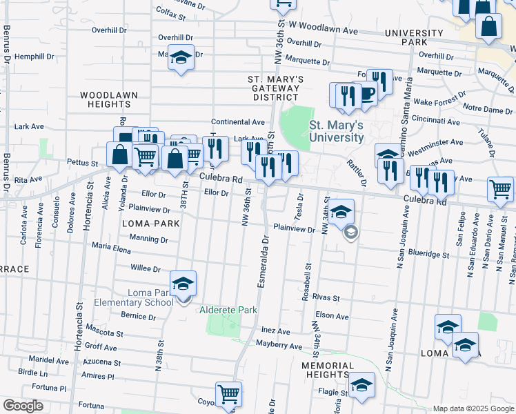 map of restaurants, bars, coffee shops, grocery stores, and more near 135 Admiral Drive in San Antonio