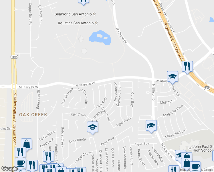 map of restaurants, bars, coffee shops, grocery stores, and more near 10424 Cub Haven in San Antonio