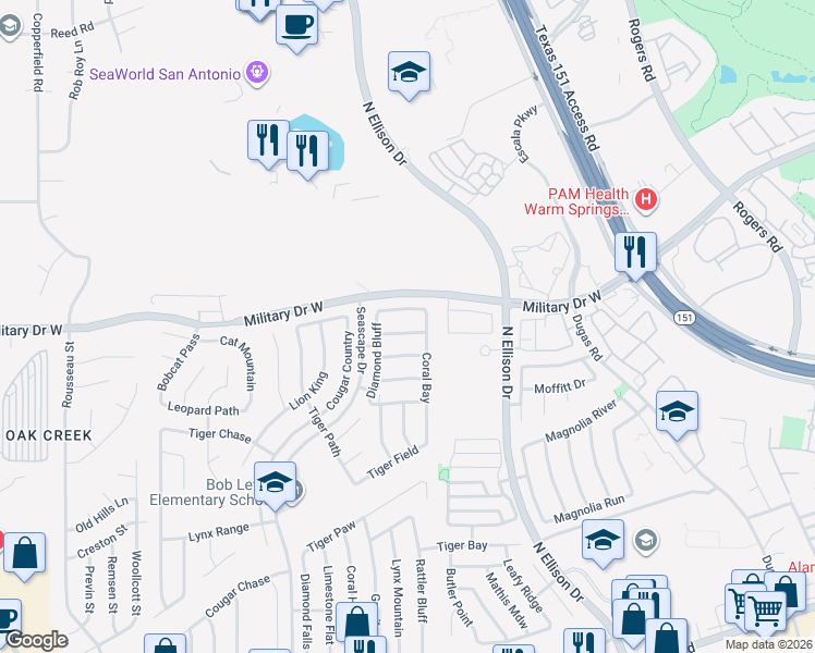 map of restaurants, bars, coffee shops, grocery stores, and more near 10319 Lynx Crossing in San Antonio