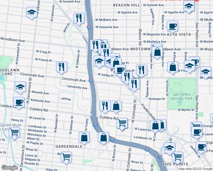 map of restaurants, bars, coffee shops, grocery stores, and more near 338 Cincinnati Avenue in San Antonio