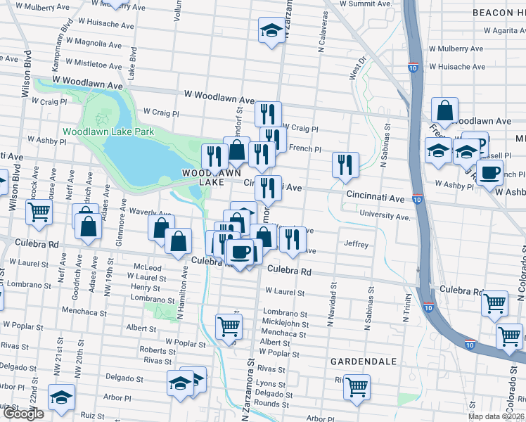 map of restaurants, bars, coffee shops, grocery stores, and more near 1913 North Zarzamora Street in San Antonio