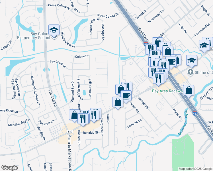 map of restaurants, bars, coffee shops, grocery stores, and more near 501 Hunters Lane in Dickinson