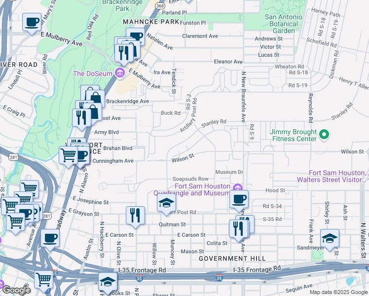 map of restaurants, bars, coffee shops, grocery stores, and more near 1210 Stanley Road in San Antonio