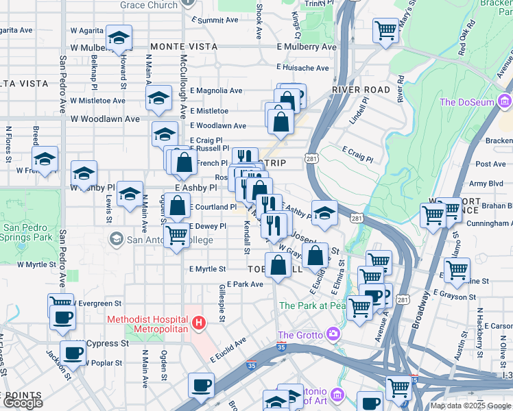 map of restaurants, bars, coffee shops, grocery stores, and more near 2332 North Saint Mary's Street in San Antonio