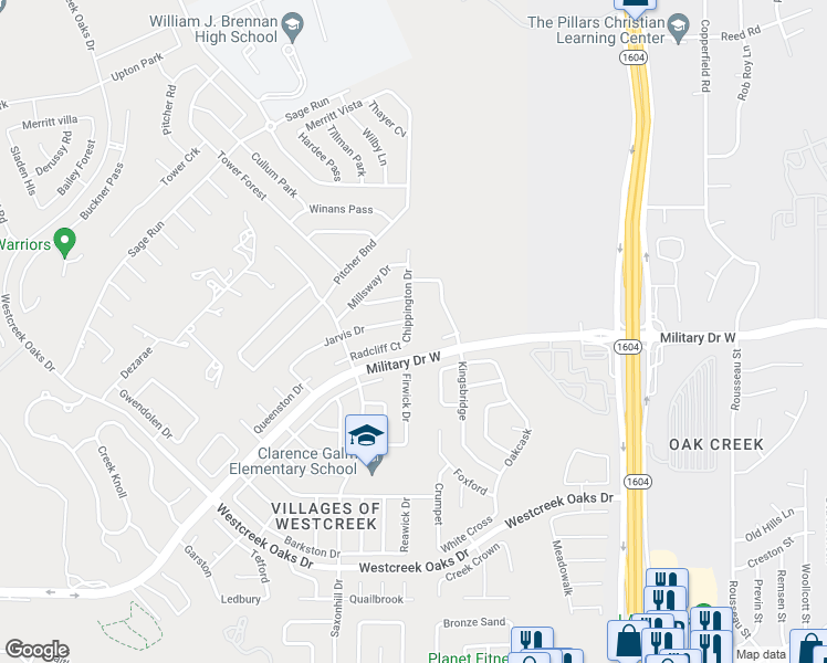 map of restaurants, bars, coffee shops, grocery stores, and more near 1718 Chippington Drive in San Antonio