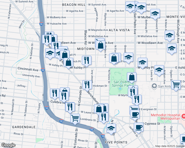 map of restaurants, bars, coffee shops, grocery stores, and more near 124 Aganier Avenue in San Antonio