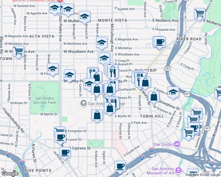 map of restaurants, bars, coffee shops, grocery stores, and more near 304 East Courtland Place in San Antonio