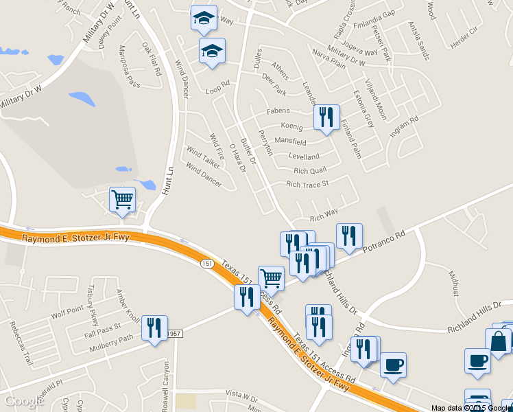 map of restaurants, bars, coffee shops, grocery stores, and more near 1119 O Hara Drive in San Antonio