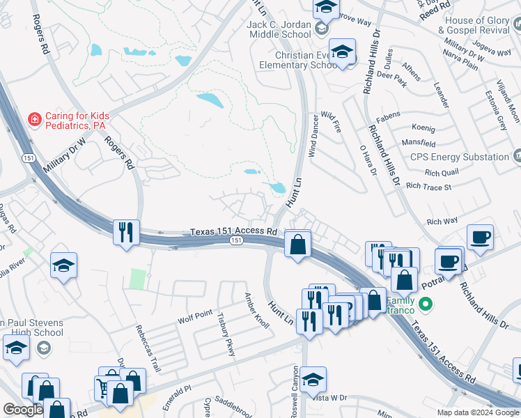 map of restaurants, bars, coffee shops, grocery stores, and more near 9531 Texas 151 Access Road in San Antonio
