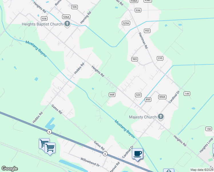 map of restaurants, bars, coffee shops, grocery stores, and more near 2295 County Road 145 in Alvin