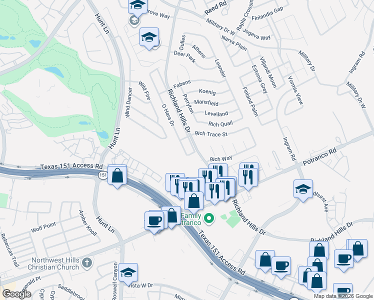map of restaurants, bars, coffee shops, grocery stores, and more near 1107 Butler Drive in San Antonio