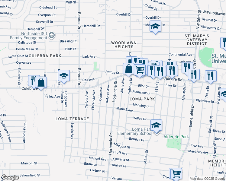 map of restaurants, bars, coffee shops, grocery stores, and more near 1306 Hortencia Avenue in San Antonio