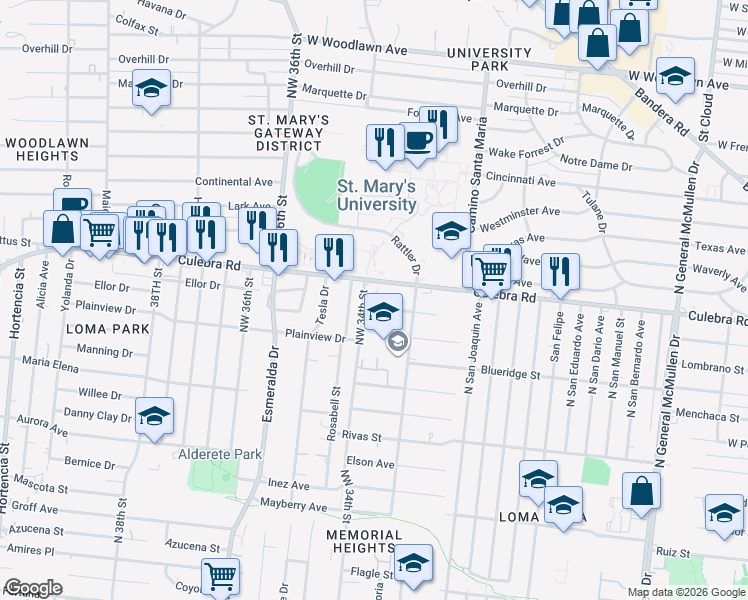 map of restaurants, bars, coffee shops, grocery stores, and more near 243 Cornelia Avenue in San Antonio