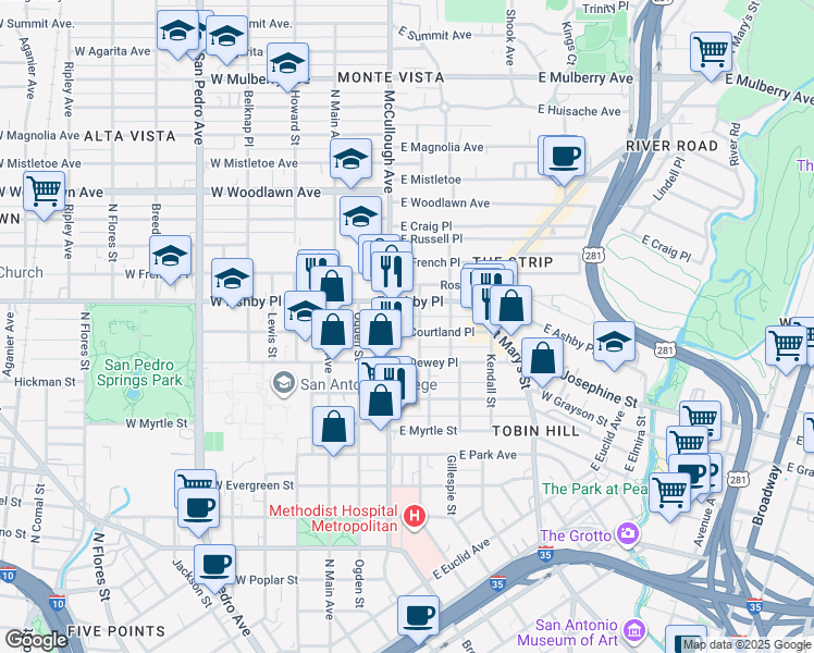 map of restaurants, bars, coffee shops, grocery stores, and more near 304 East Courtland Place in San Antonio