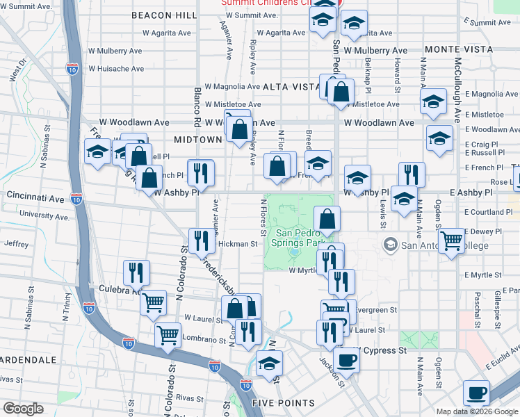 map of restaurants, bars, coffee shops, grocery stores, and more near 2200 North Flores Street in San Antonio