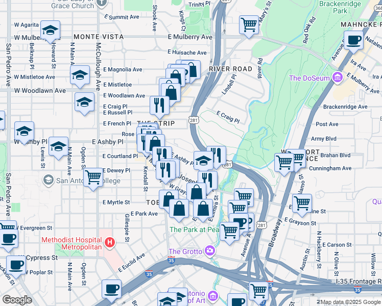 map of restaurants, bars, coffee shops, grocery stores, and more near 749 East Ashby Place in San Antonio