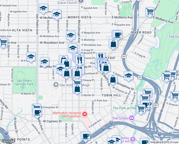 map of restaurants, bars, coffee shops, grocery stores, and more near 420 East Courtland Place in San Antonio