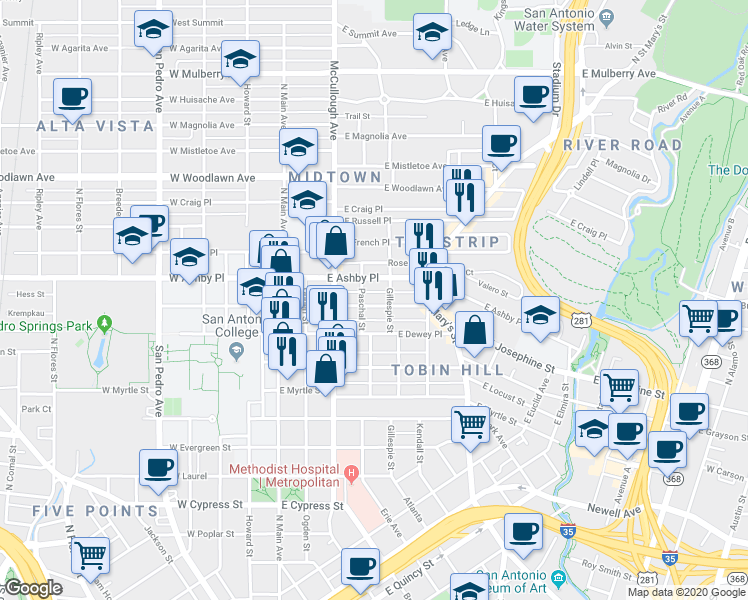 map of restaurants, bars, coffee shops, grocery stores, and more near 420 East Courtland Place in San Antonio