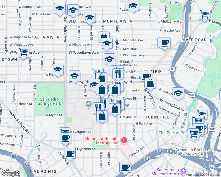map of restaurants, bars, coffee shops, grocery stores, and more near 200 East Courtland Place in San Antonio