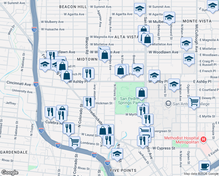 map of restaurants, bars, coffee shops, grocery stores, and more near 129 Krempkau in San Antonio