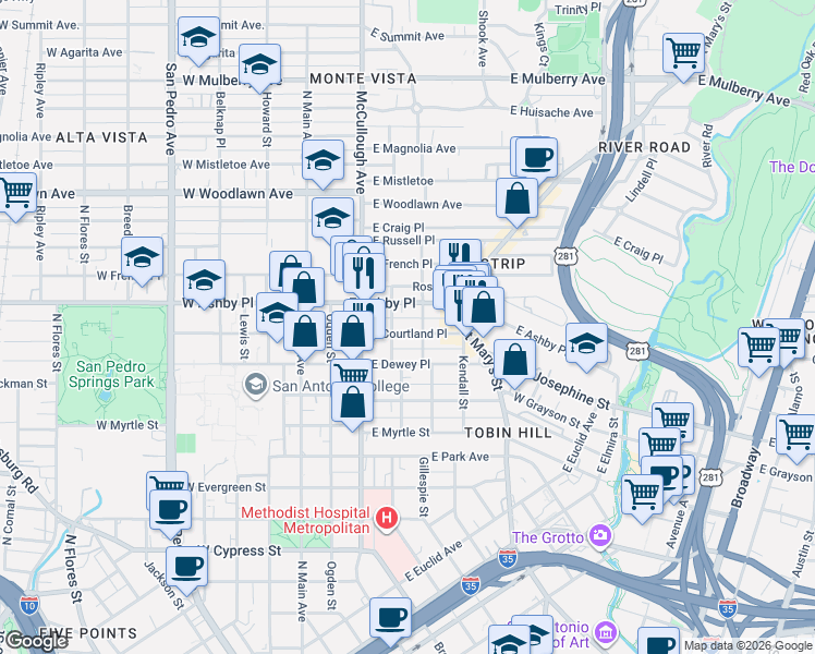 map of restaurants, bars, coffee shops, grocery stores, and more near 420 East Courtland Place in San Antonio
