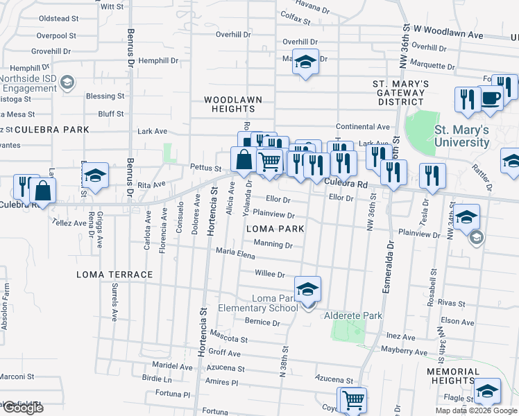 map of restaurants, bars, coffee shops, grocery stores, and more near 858 Plainview Drive in San Antonio