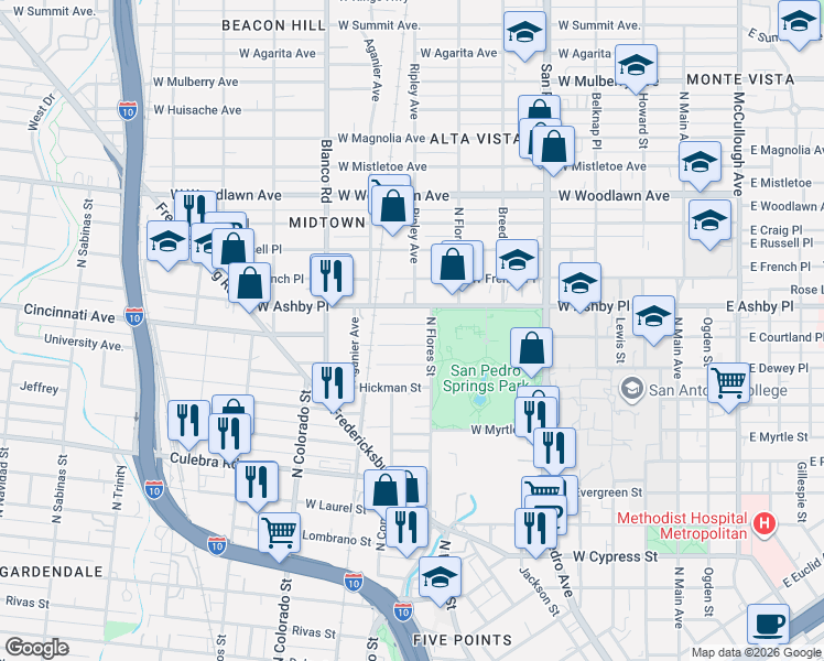 map of restaurants, bars, coffee shops, grocery stores, and more near 129 Krempkau in San Antonio