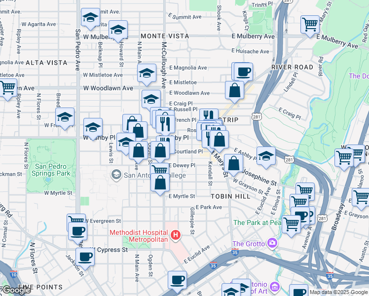 map of restaurants, bars, coffee shops, grocery stores, and more near 420 East Courtland Place in San Antonio