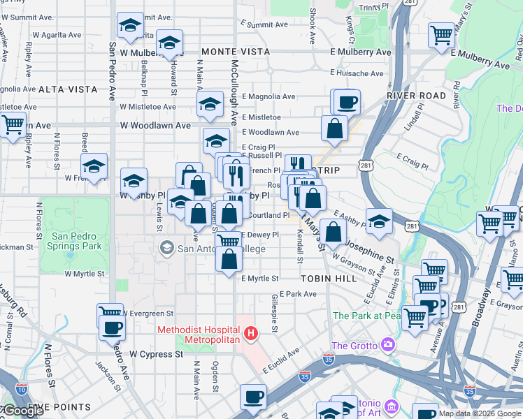 map of restaurants, bars, coffee shops, grocery stores, and more near 420 East Courtland Place in San Antonio