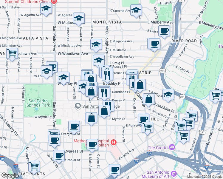 map of restaurants, bars, coffee shops, grocery stores, and more near 304 East Courtland Place in San Antonio