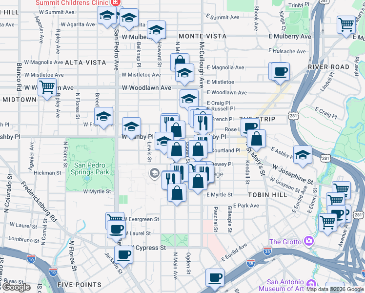map of restaurants, bars, coffee shops, grocery stores, and more near 200 East Courtland Place in San Antonio