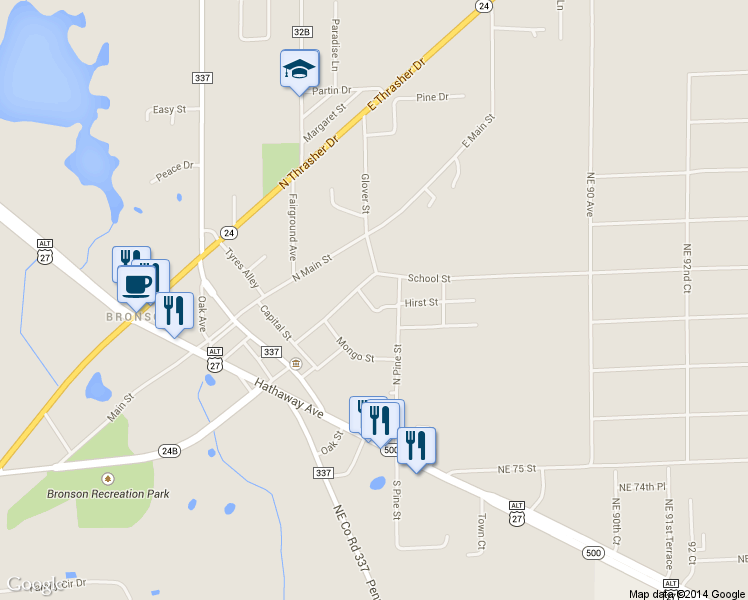 map of restaurants, bars, coffee shops, grocery stores, and more near 246 North Pine Street in Bronson