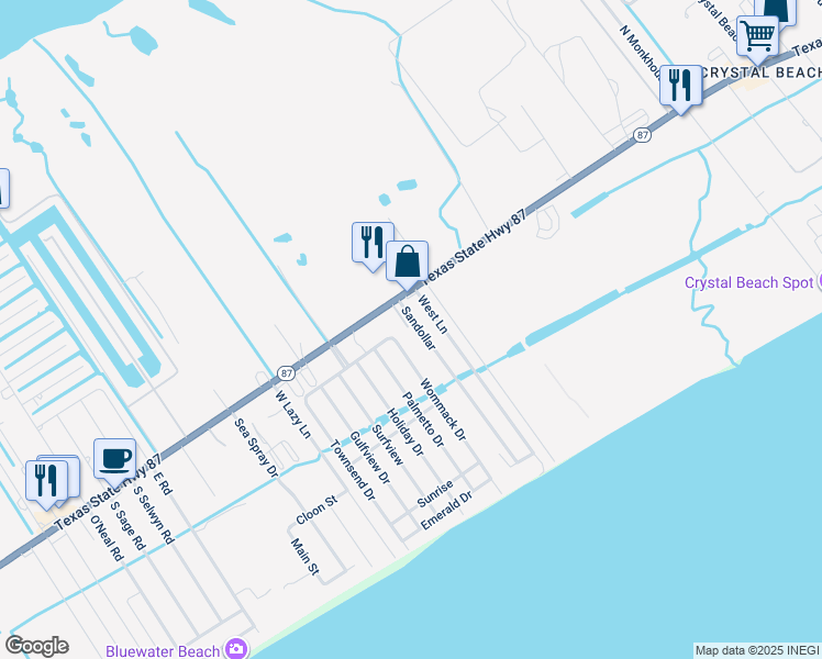map of restaurants, bars, coffee shops, grocery stores, and more near 951 Sandollar in Bolivar Peninsula