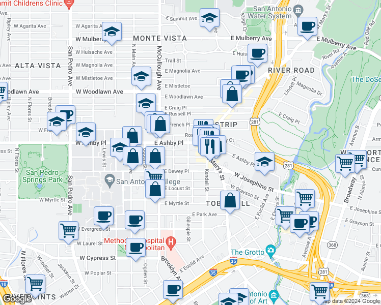 map of restaurants, bars, coffee shops, grocery stores, and more near 526 East Courtland Place in San Antonio