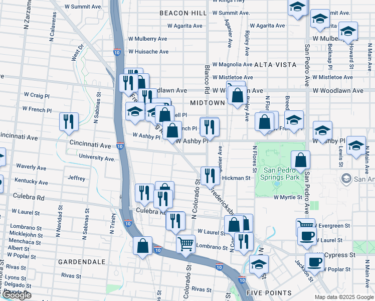 map of restaurants, bars, coffee shops, grocery stores, and more near 140 Cincinnati Avenue in San Antonio