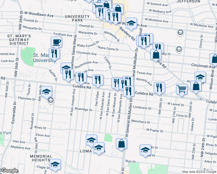 map of restaurants, bars, coffee shops, grocery stores, and more near in San Antonio