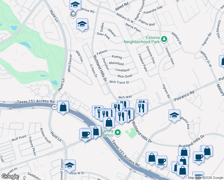 map of restaurants, bars, coffee shops, grocery stores, and more near 1107 Butler Drive in San Antonio