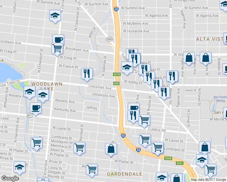 map of restaurants, bars, coffee shops, grocery stores, and more near 419 University in San Antonio
