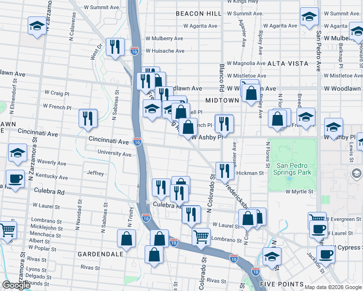map of restaurants, bars, coffee shops, grocery stores, and more near 302 Cincinnati Avenue in San Antonio
