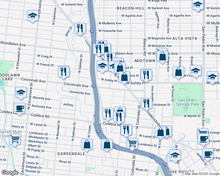 map of restaurants, bars, coffee shops, grocery stores, and more near 338 Cincinnati Avenue in San Antonio
