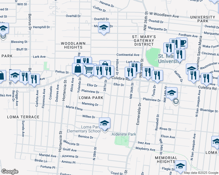 map of restaurants, bars, coffee shops, grocery stores, and more near 1202 Northwest 38th Street in San Antonio