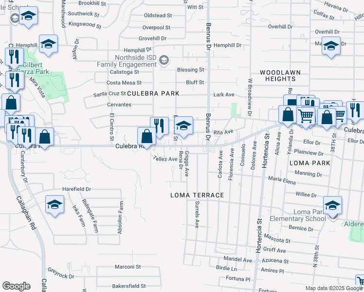 map of restaurants, bars, coffee shops, grocery stores, and more near 551 Griggs Avenue in San Antonio
