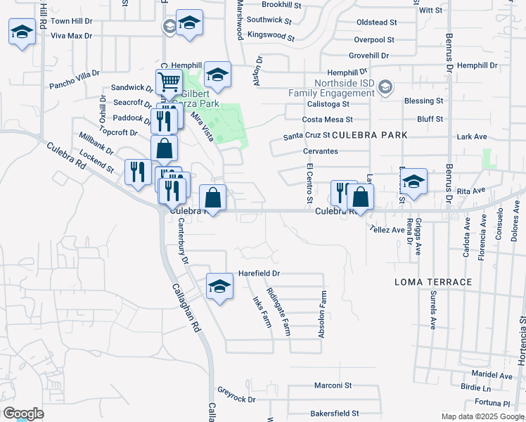 map of restaurants, bars, coffee shops, grocery stores, and more near 4712 Culebra Road in San Antonio