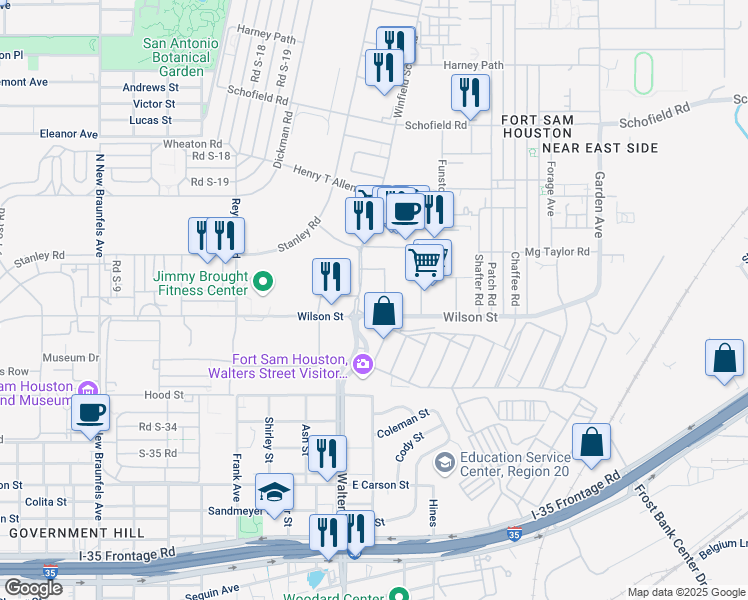 map of restaurants, bars, coffee shops, grocery stores, and more near 2490 7th Street in San Antonio