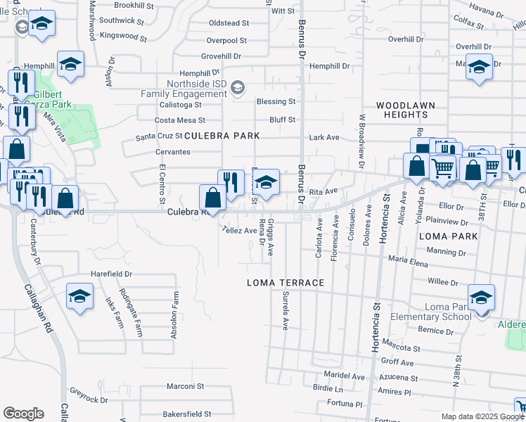 map of restaurants, bars, coffee shops, grocery stores, and more near 4151 Culebra Road in San Antonio