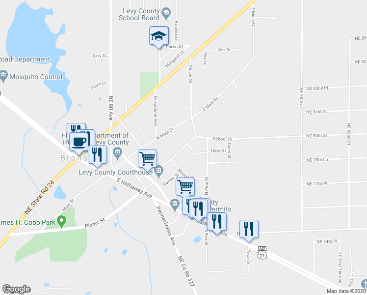 map of restaurants, bars, coffee shops, grocery stores, and more near 310 School Street in Bronson